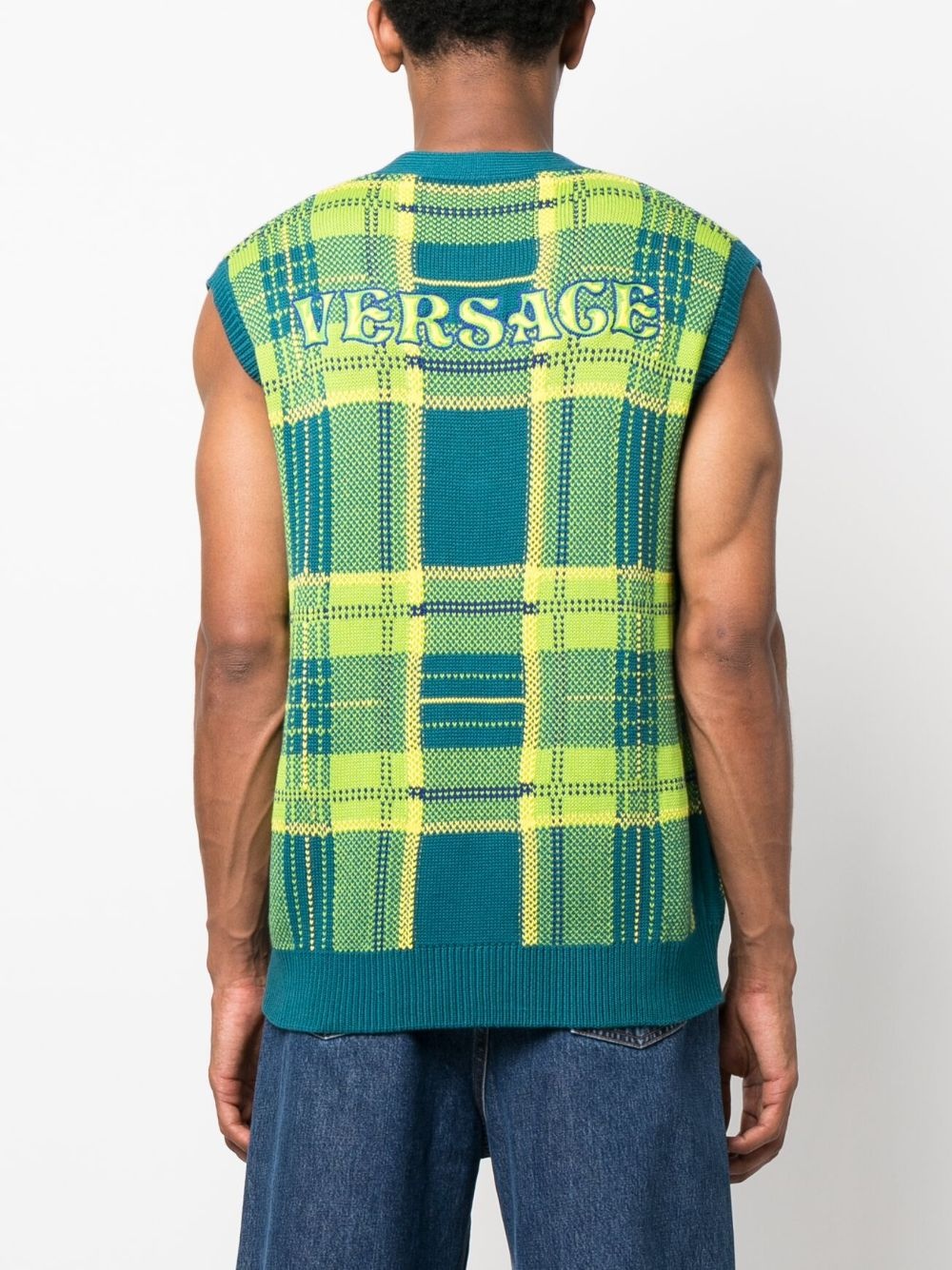 checked intarsia-knit V-neck vest - 4