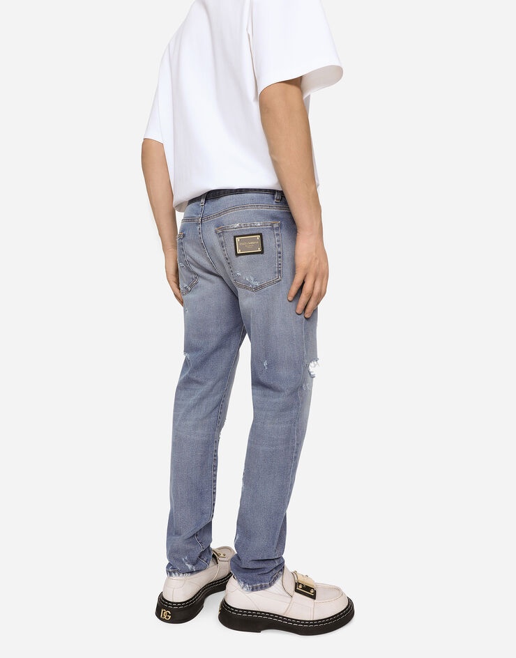 Light blue slim-fit stretch jeans with rips - 4
