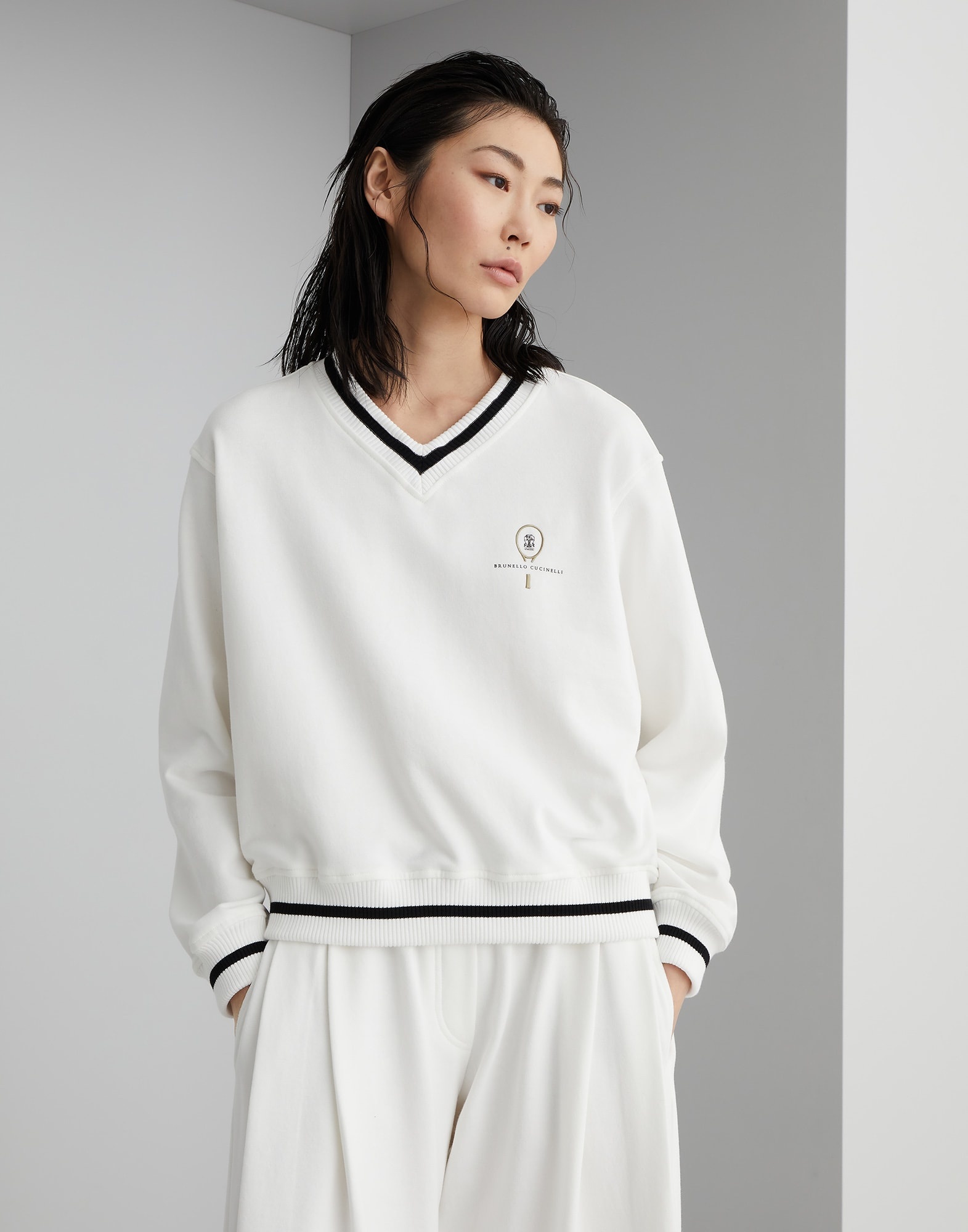 Cotton smooth French terry sweatshirt with monili and tennis logo - 1