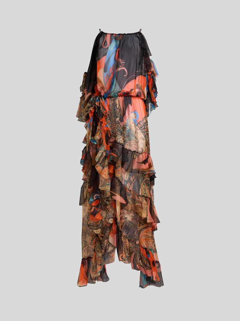 LONG SILK DRESS WITH RUFFLES AND TWO MOTIFS 1