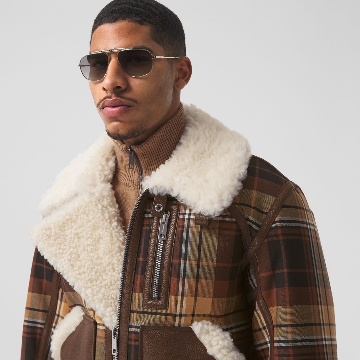 Leather Trim Check Wool and Shearling Flight Jacket - 3