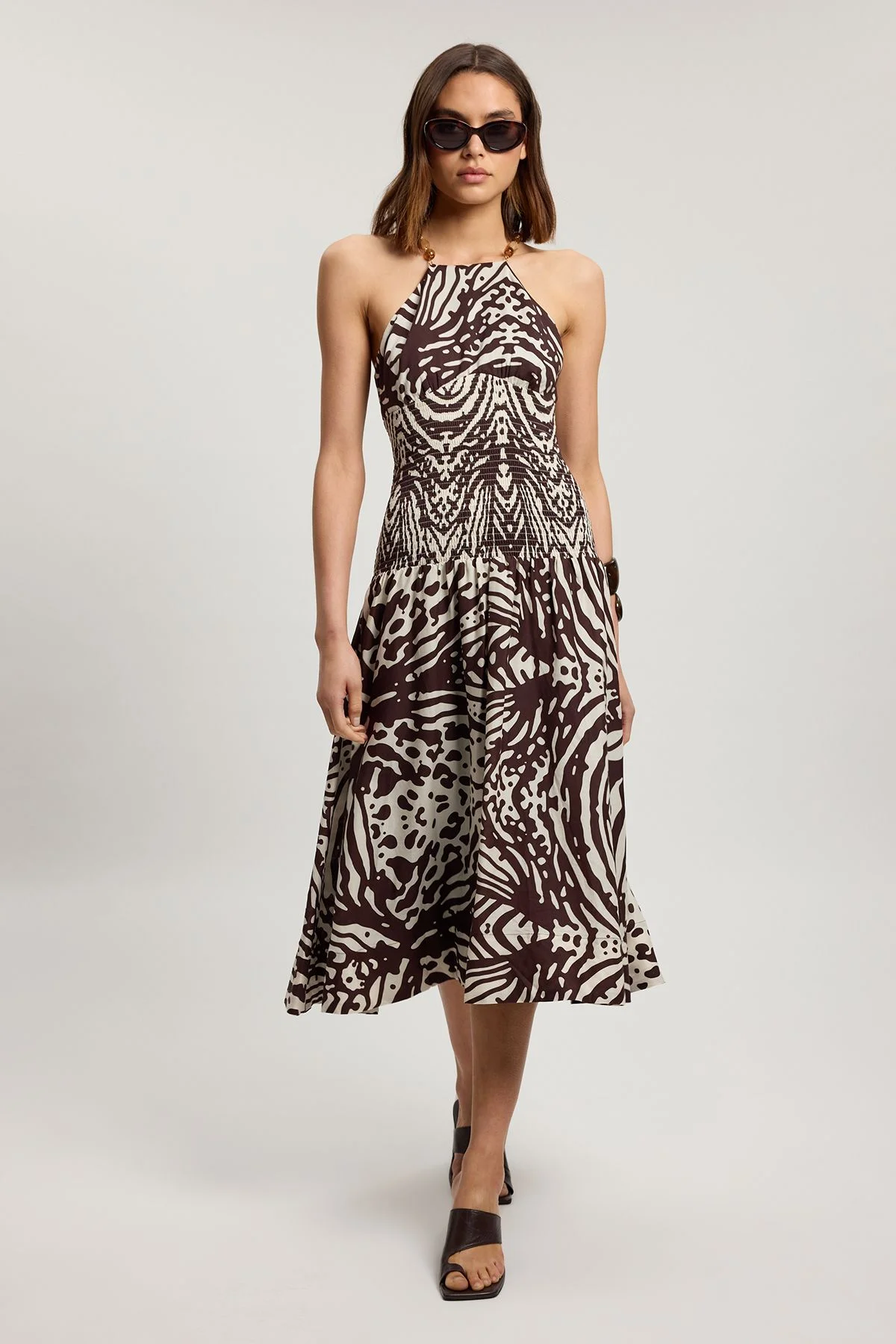 Shirred Animal Print V Neck Trim Detail Woven Midi Dress - 1