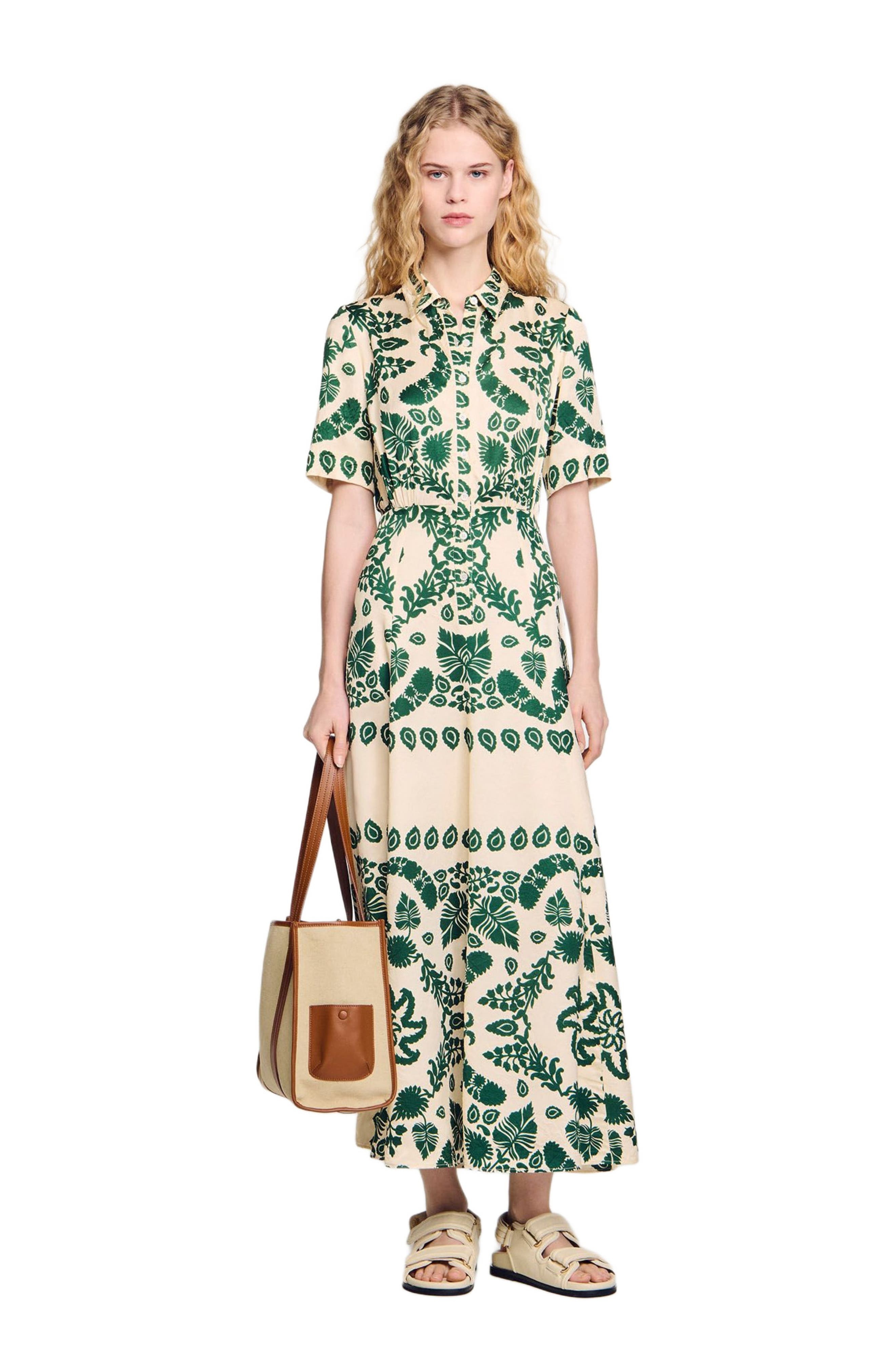 SANDRO Floral print maxi dress in Ecru /Green at Nordstrom - 6