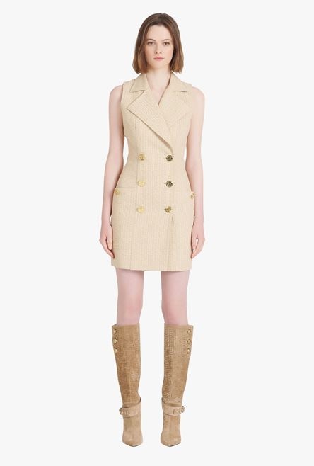Short nude and white Balmain monogram jacquard dress with gold-tone double-buttoned fastening - 4