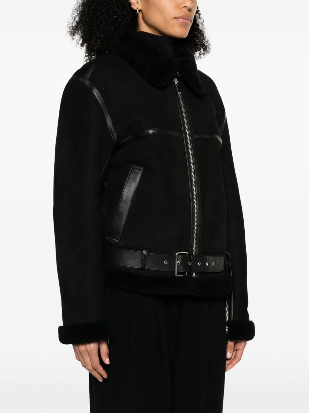 shearling-trim zip-up suede jacket - 3