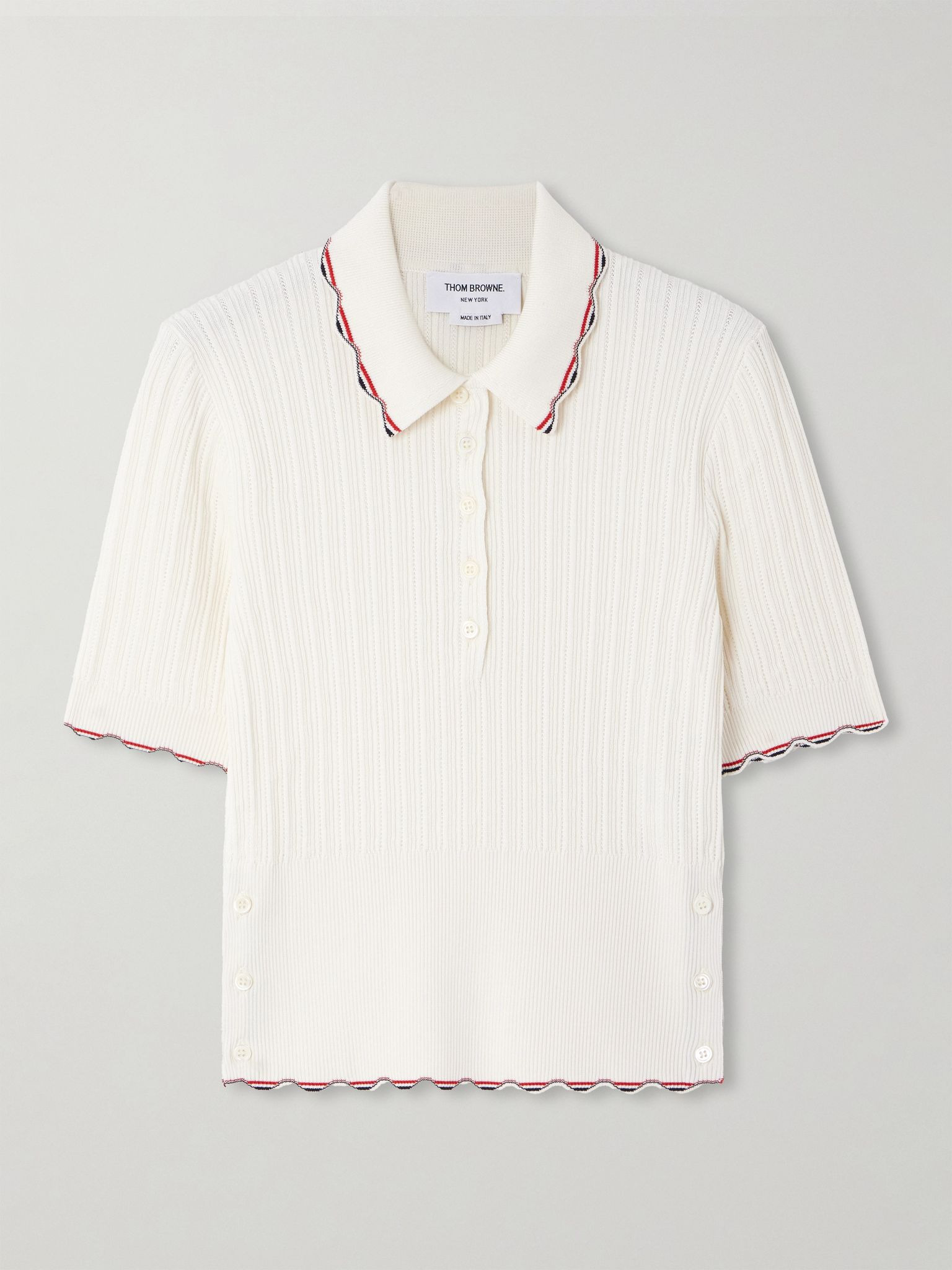 Scalloped ribbed silk and cotton-blend polo shirt Cream - 1