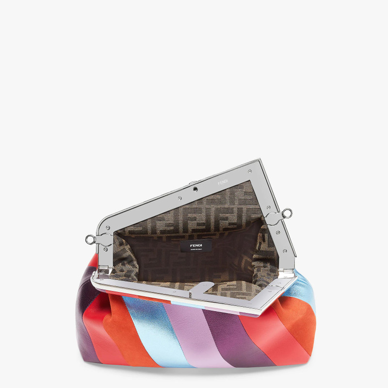 Medium Fendi First bag produced by inlaying leather, laminated leather and suede by hand to create a 4