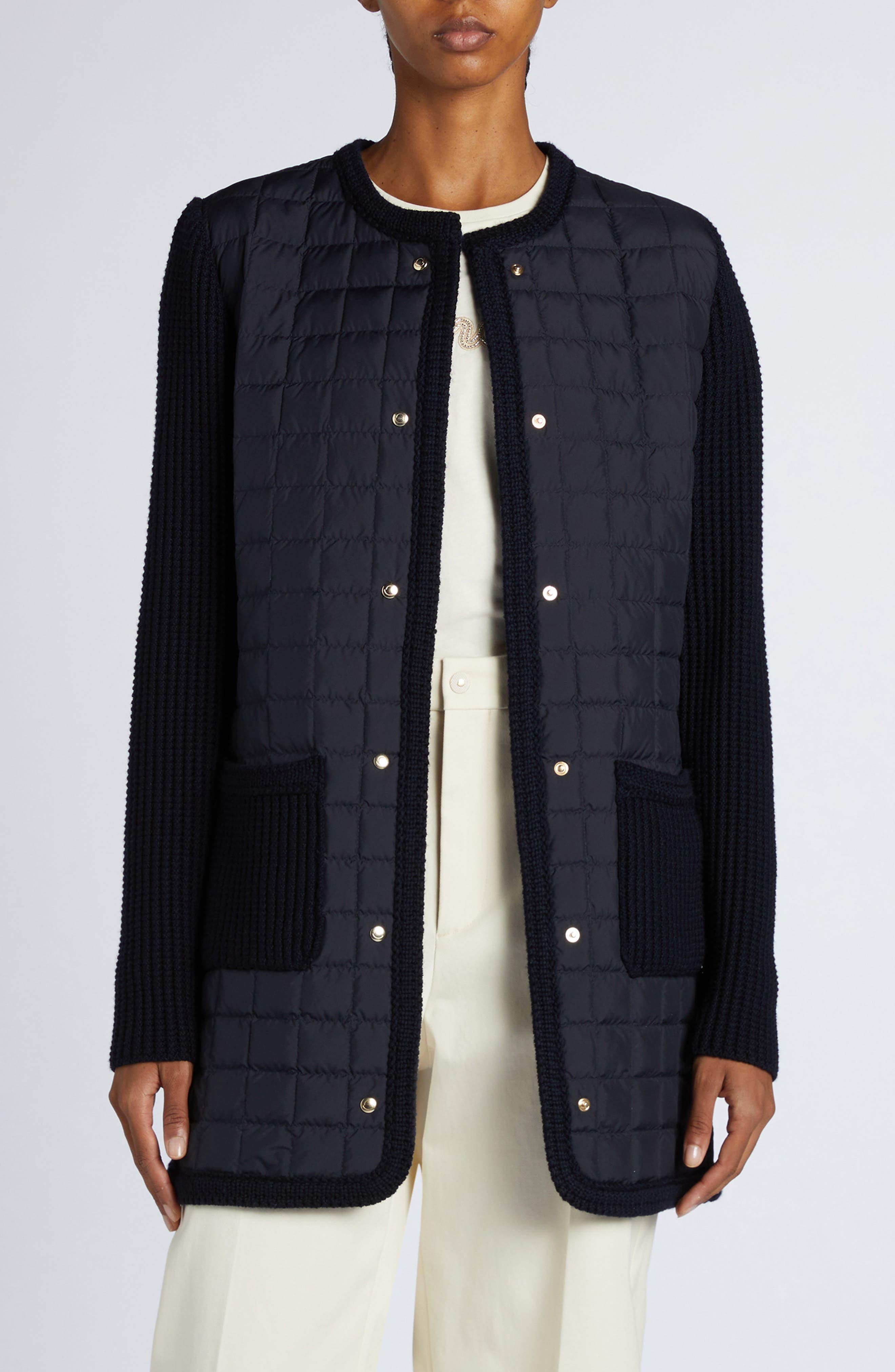 Moncler Quilted Down & Wool Knit Cardigan in Navy Blue at Nordstrom - 1