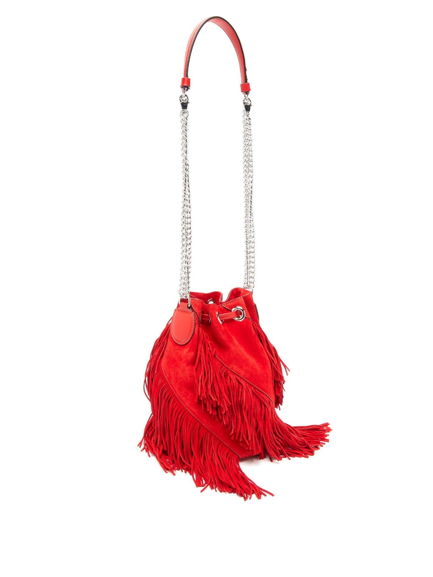 Marie-Jane laser-cut logo fringed suede bucket bag - 4