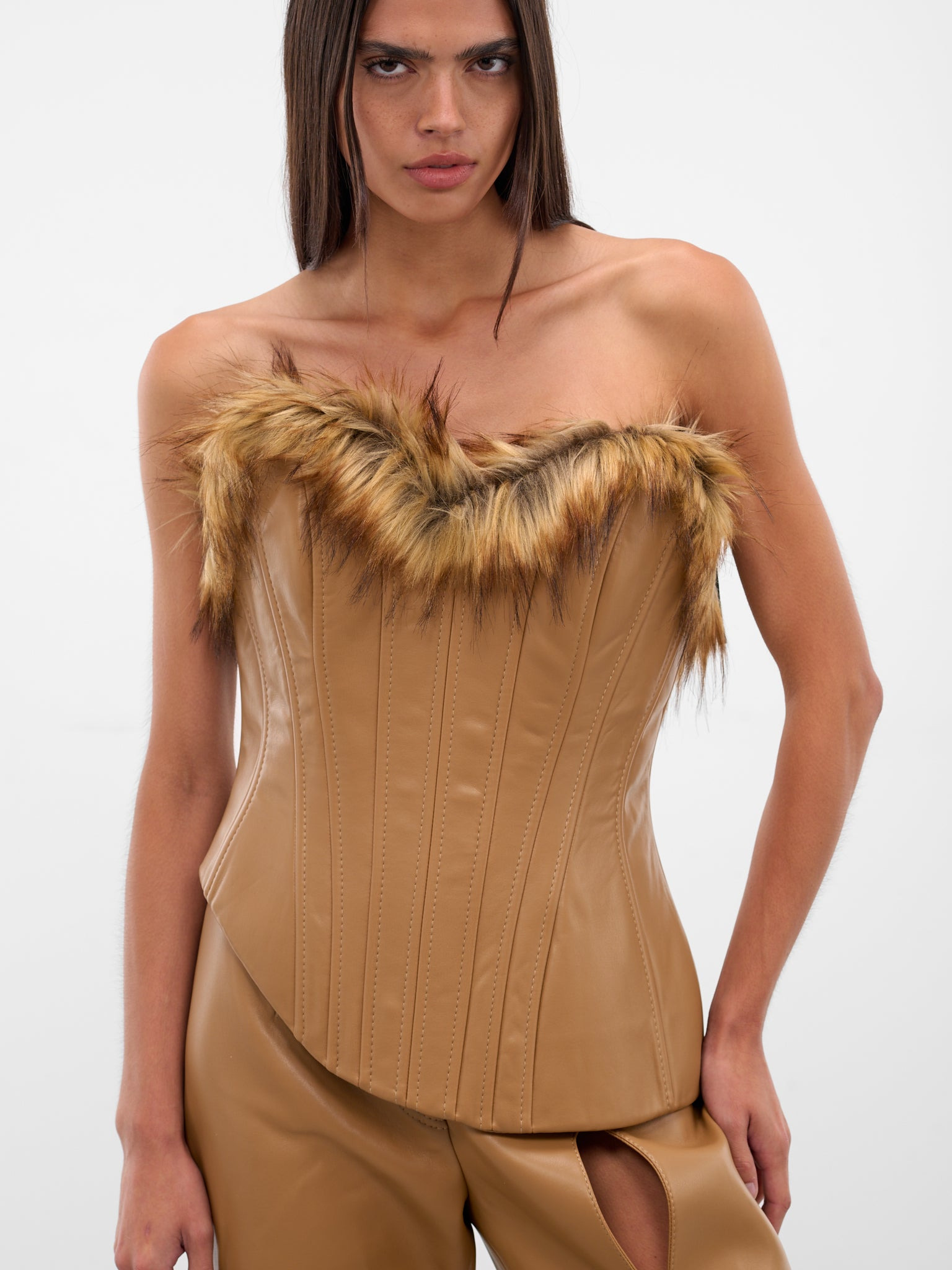 Beige Vegan Leather Fur Corset - 4