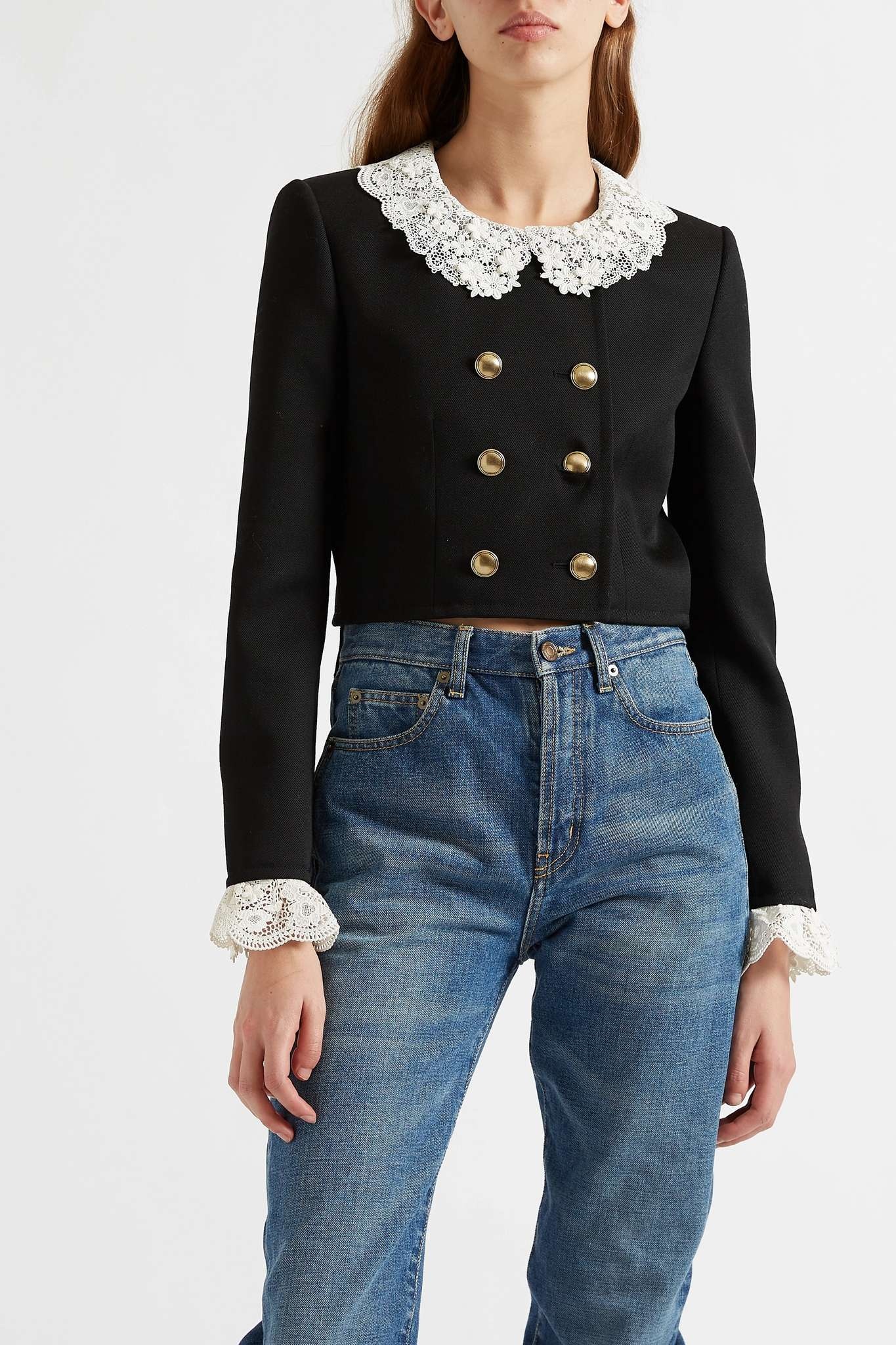 Cropped double-breasted lace-trimmed wool-drill jacket - 2