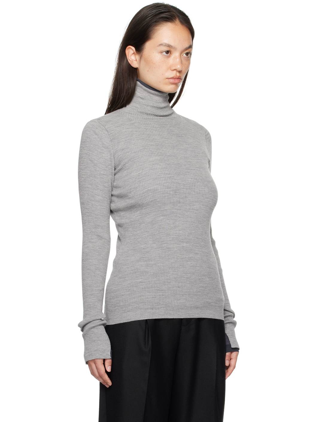 Gray Super Fine Wool High Gauge Rib Knit Turtleneck - 2