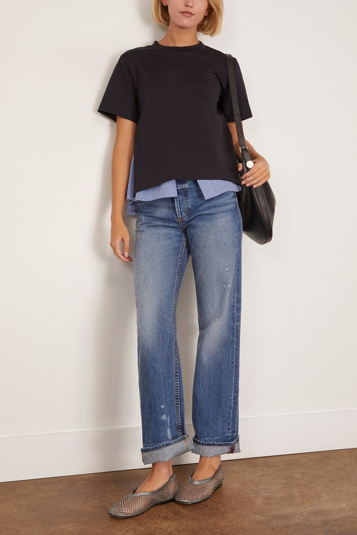 Poplin x Cotton Jersey T-Shirt in Navy/Blue Stripe - 2