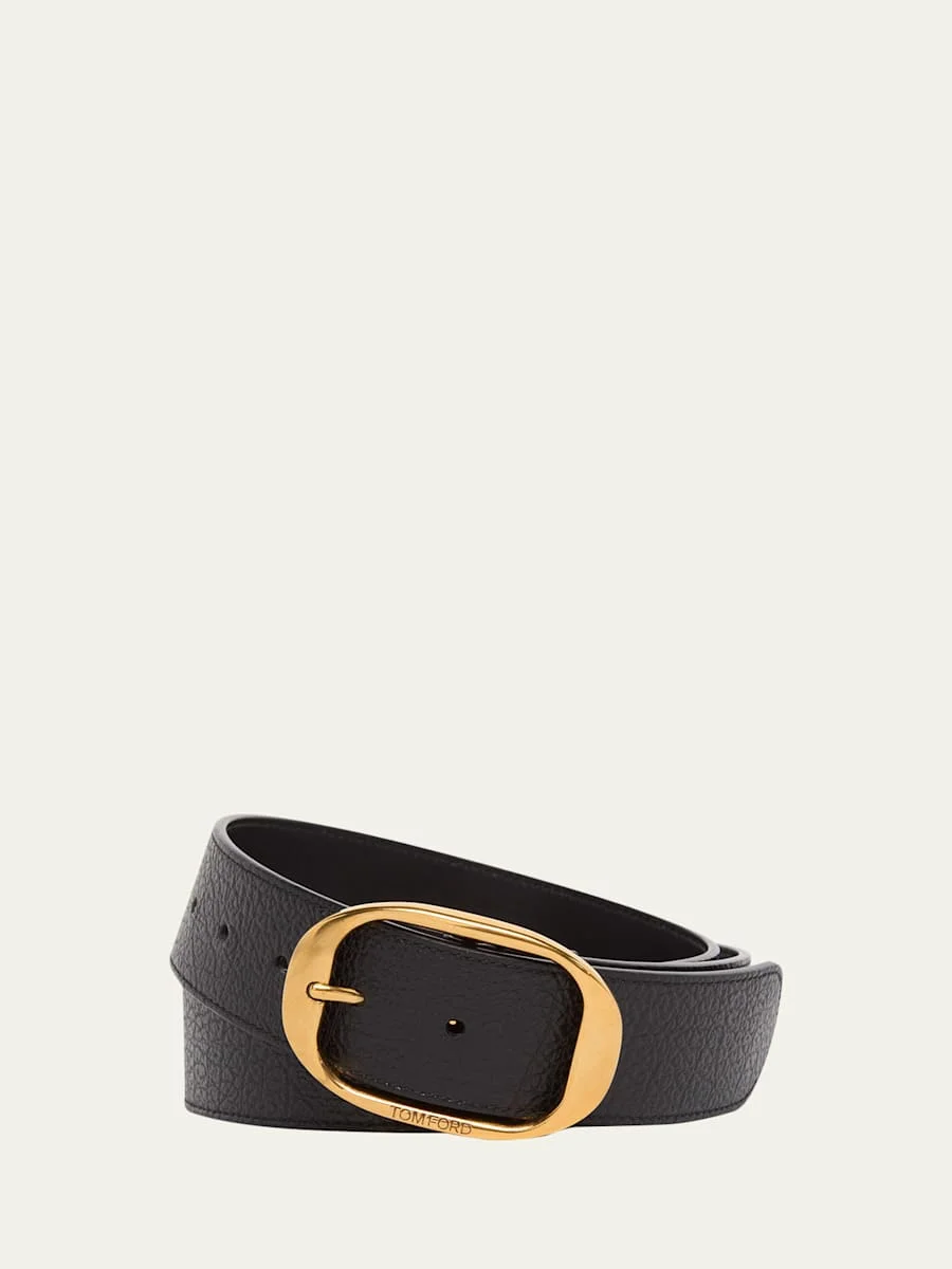 Men's Grained Leather Oval-Buckle Belt - 1