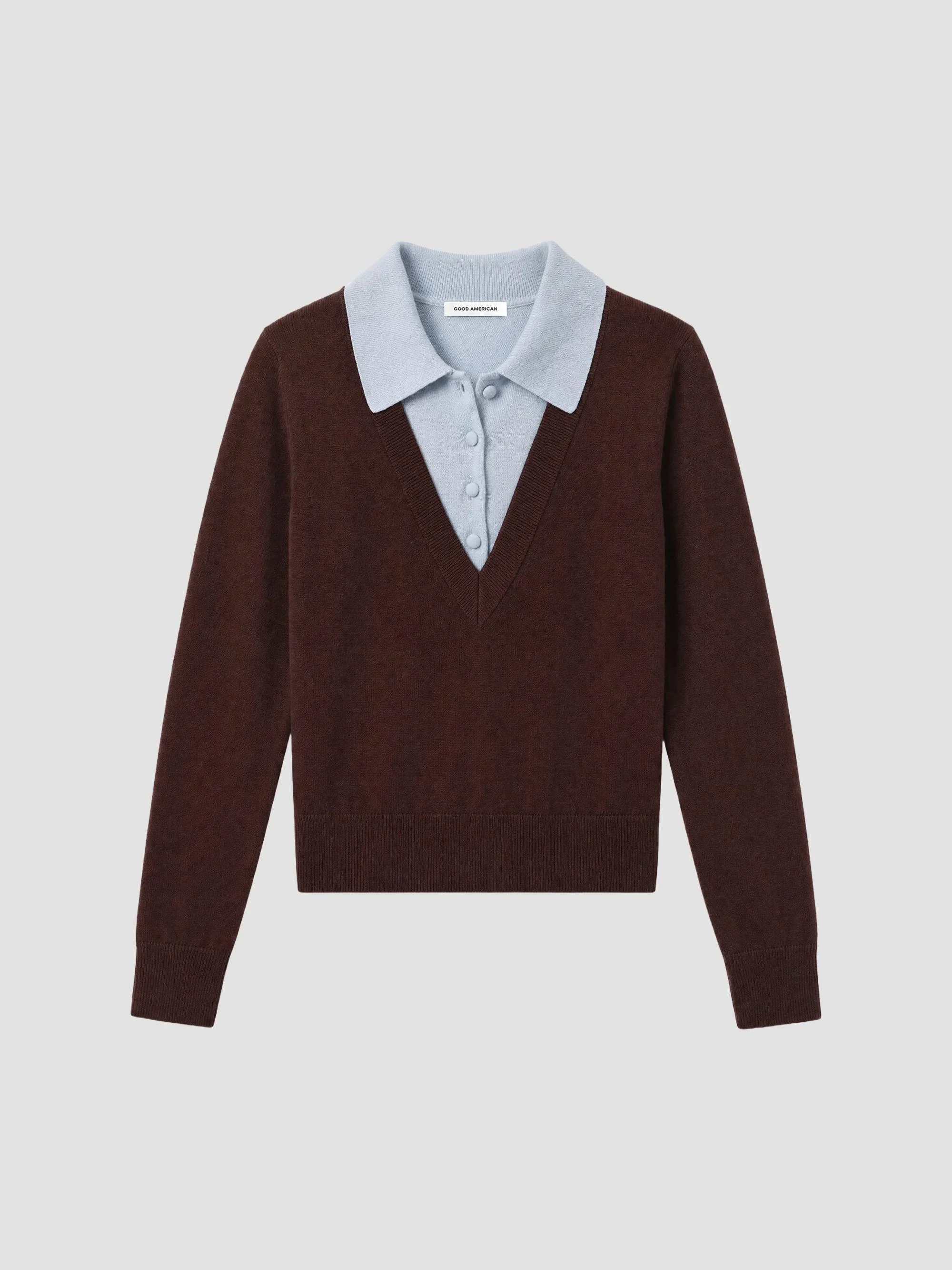 Women's Merino Wool Layered Polo Sweater - Mocha With Sky - 1