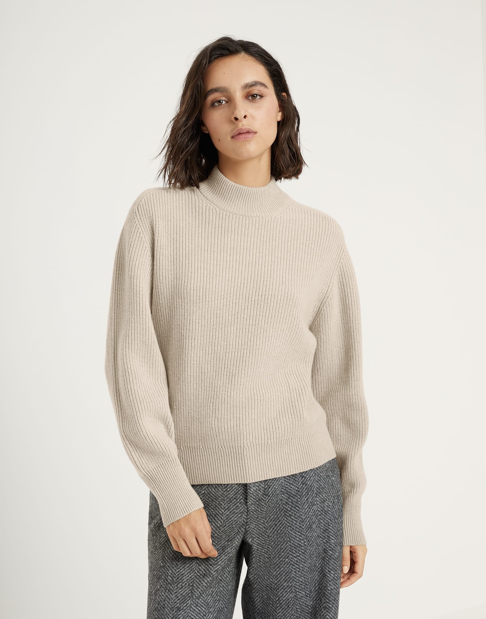 Cashmere English rib mock neck sweater with monili - 1