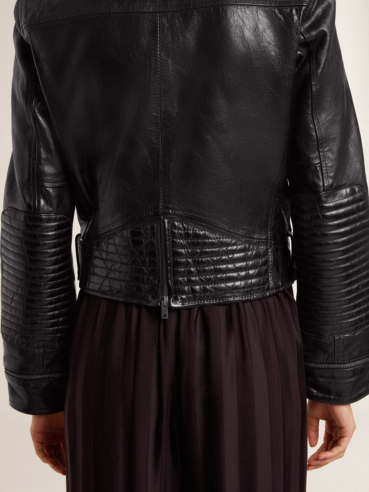 Women's black leather biker jacket with glossy effect - 7