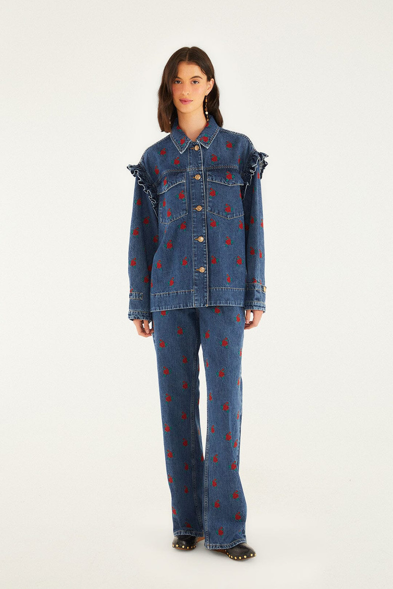 Denim Embroidered Flowers Pants 1