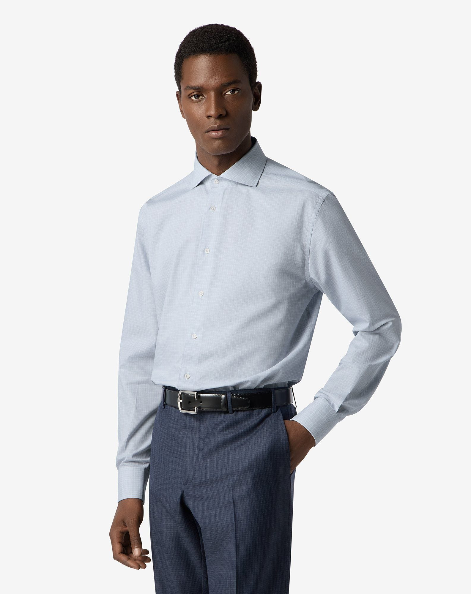 Cotton shirt with Grey/light Blue check pattern - 2