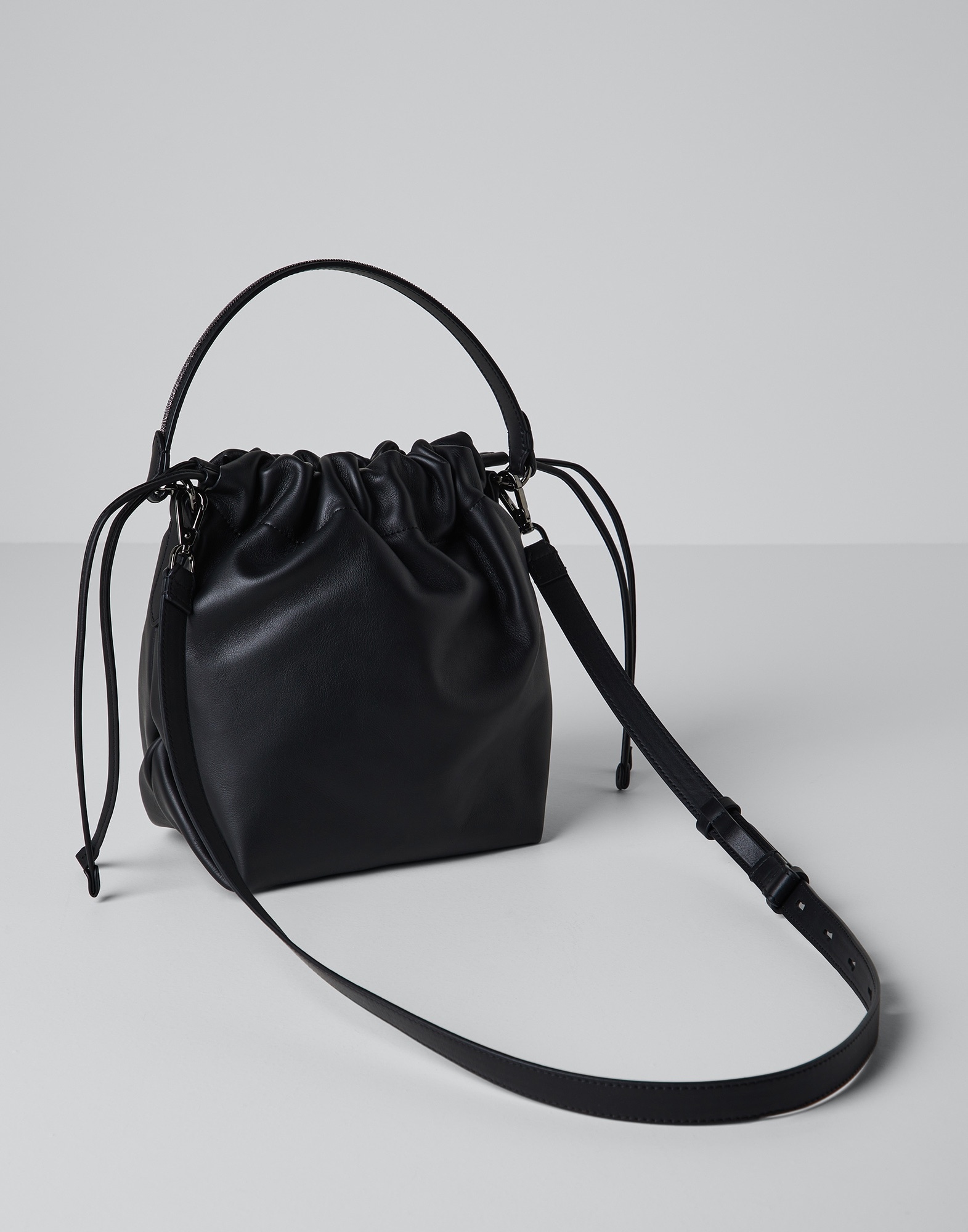 Matte calfskin bucket bag with shiny handle - 2