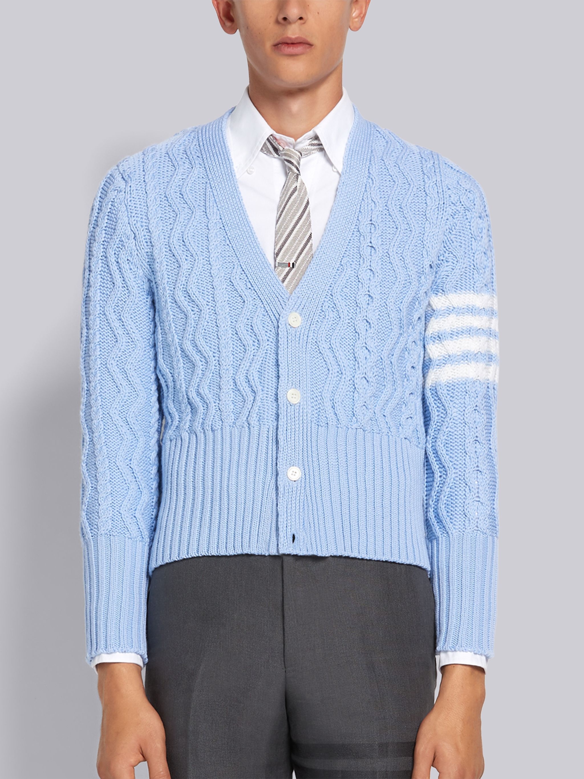 Light Blue Fine Merino Wool Aran Cable 4-Bar Classic V-neck Cardigan - 1