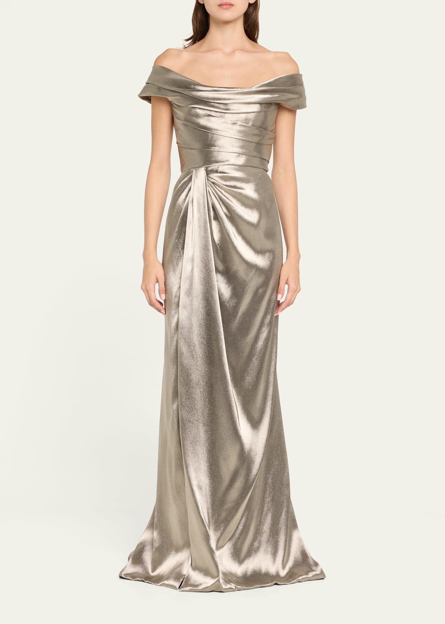 Off-Shoulder Hand Draped Metallic Gown with Slit - 2