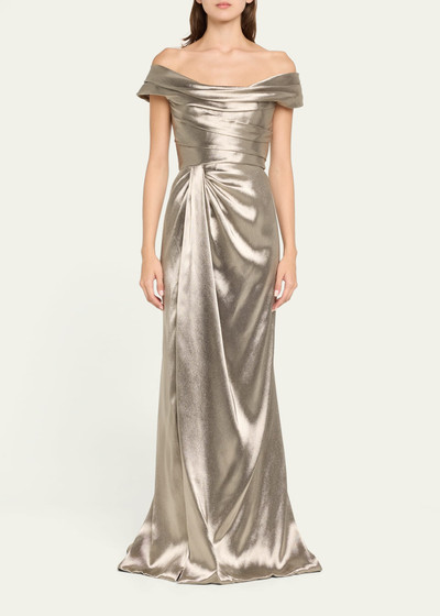 Marchesa Off-Shoulder Hand Draped Metallic Gown with Slit outlook