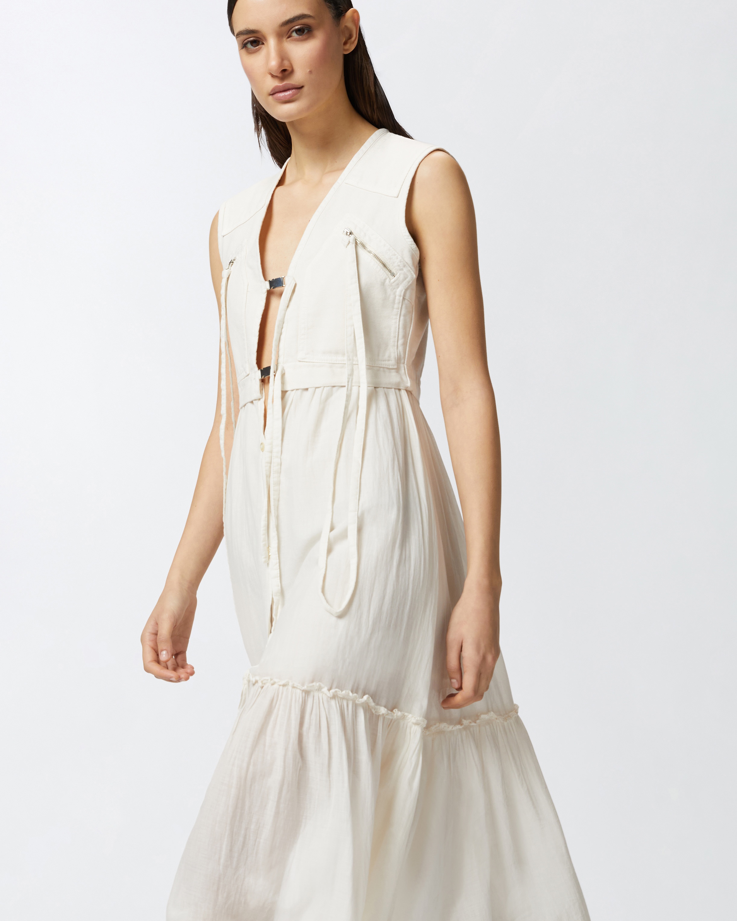LONG COTTON DRESS WITH SLEEVELESS UTILITY VEST - 5