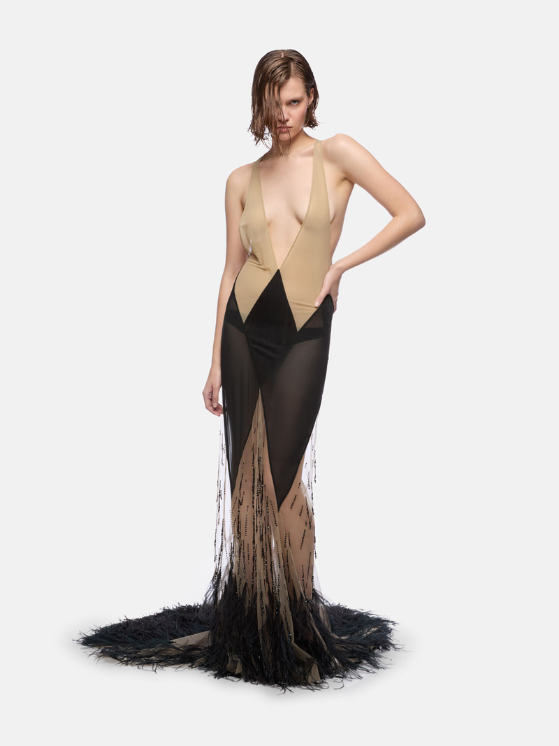 THE ATTICO SAND AND BLACK LONG DRESS outlook