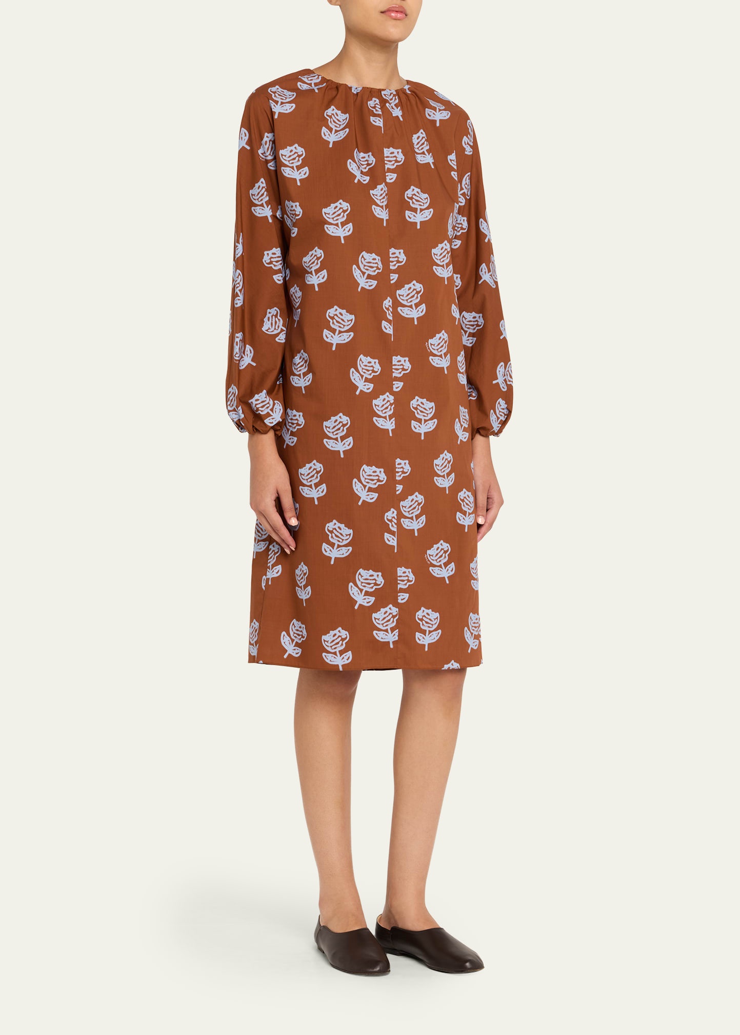 Floral Gathered-Neck Long-Sleeve Midi Dress - 4