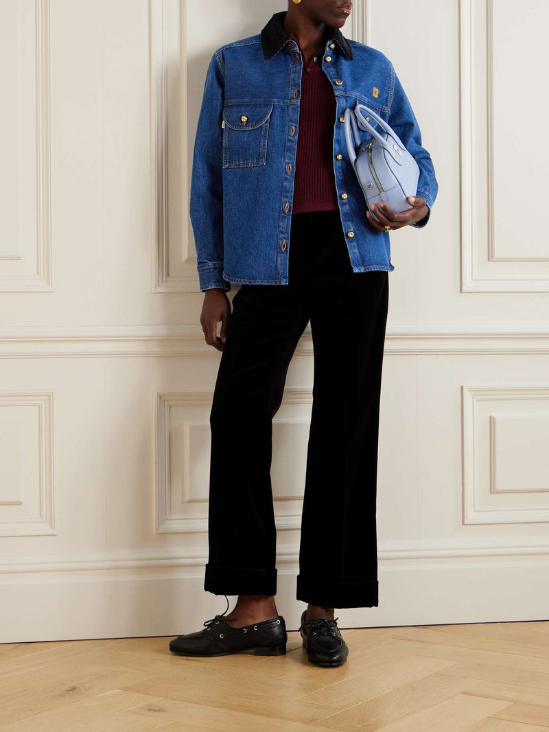 BLAZÉ MILANO Nariida Senner corduroy-trimmed embroidered denim shirt Mid denim outlook