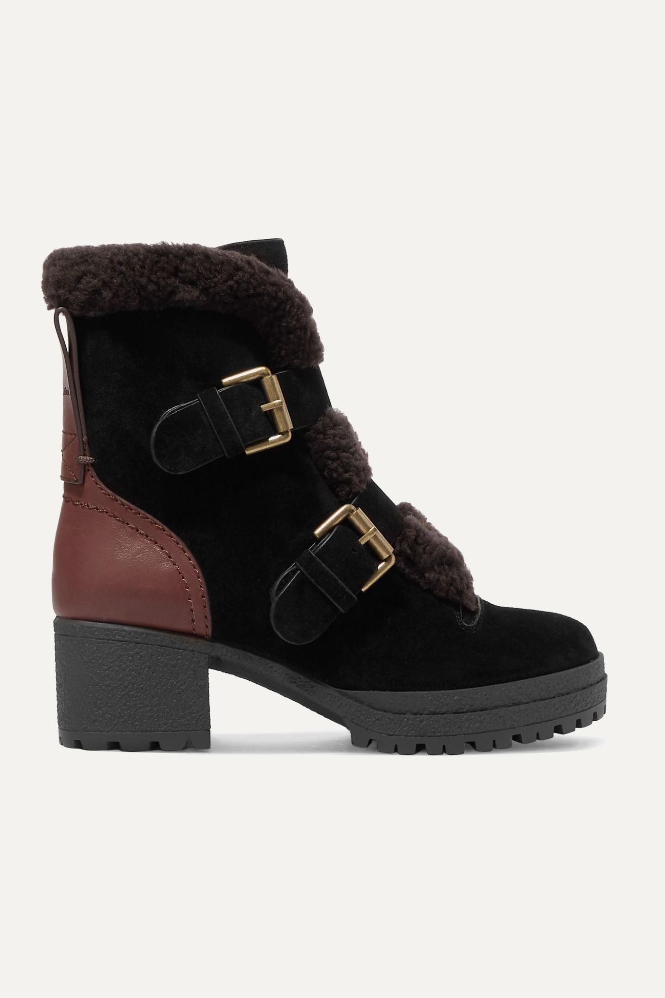 Shearling-trimmed suede and leather ankle boots - 1