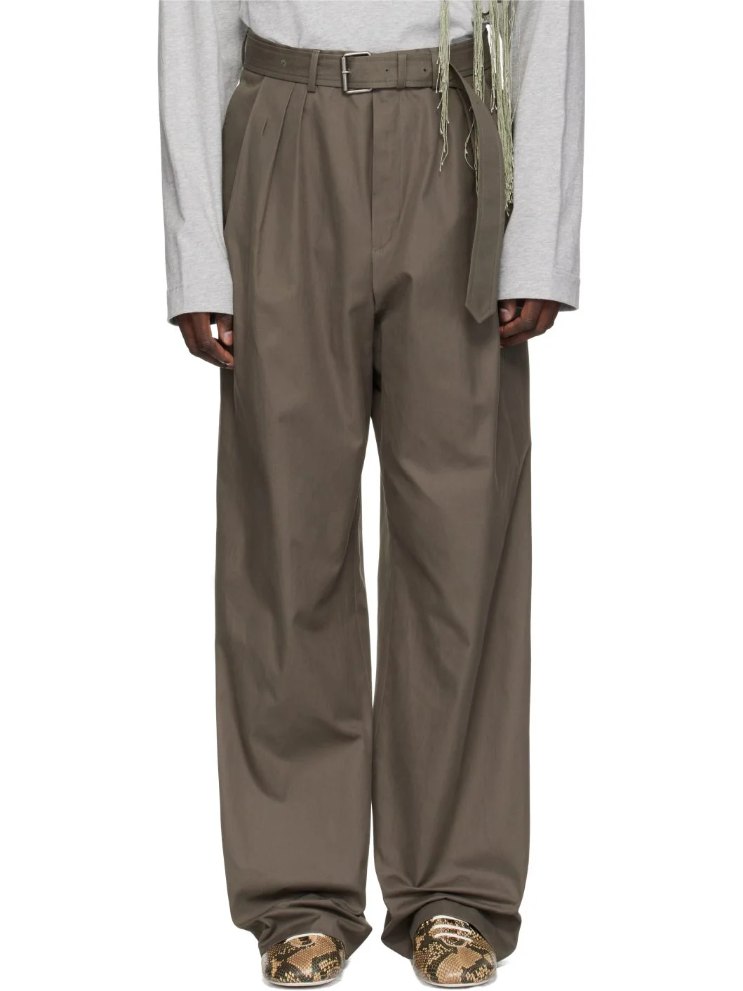 Khaki Belted Cotton Trousers - 1