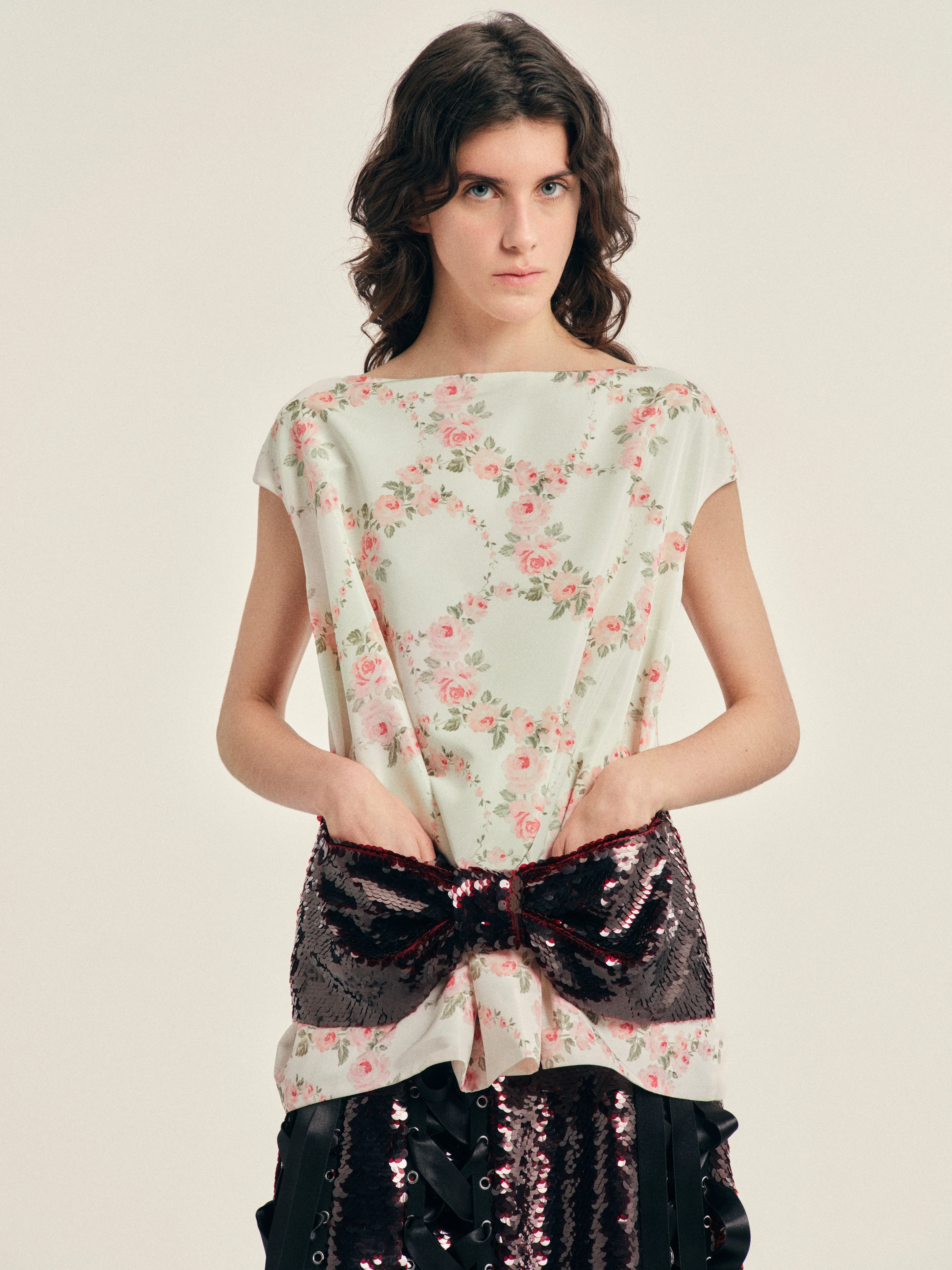 Boxy Peplum Sequin Bow Detail Top - 1