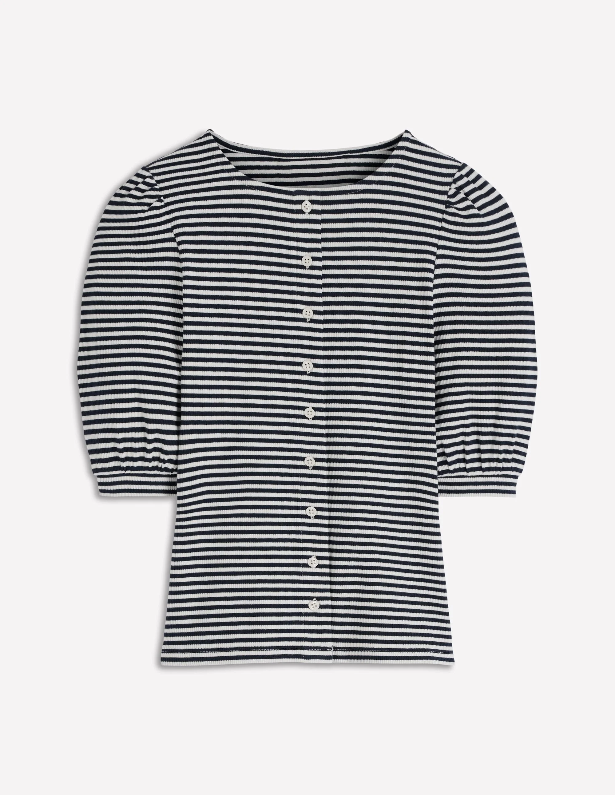 Evie Ribbed Puff Sleeve Top-Ivory, Navy Stripe - 1