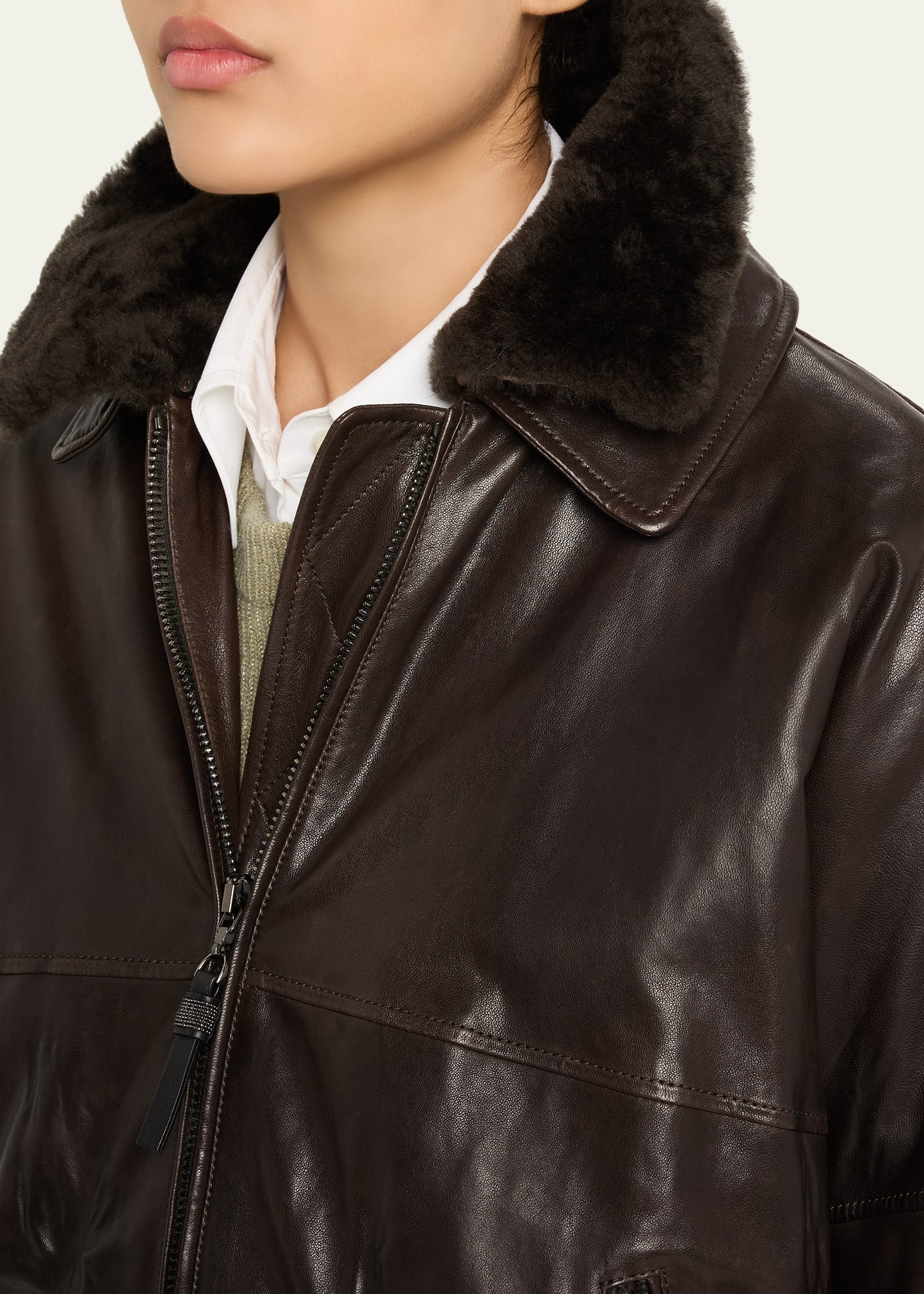 Leather Biker Jacket with Removable Shearling Collar - 5
