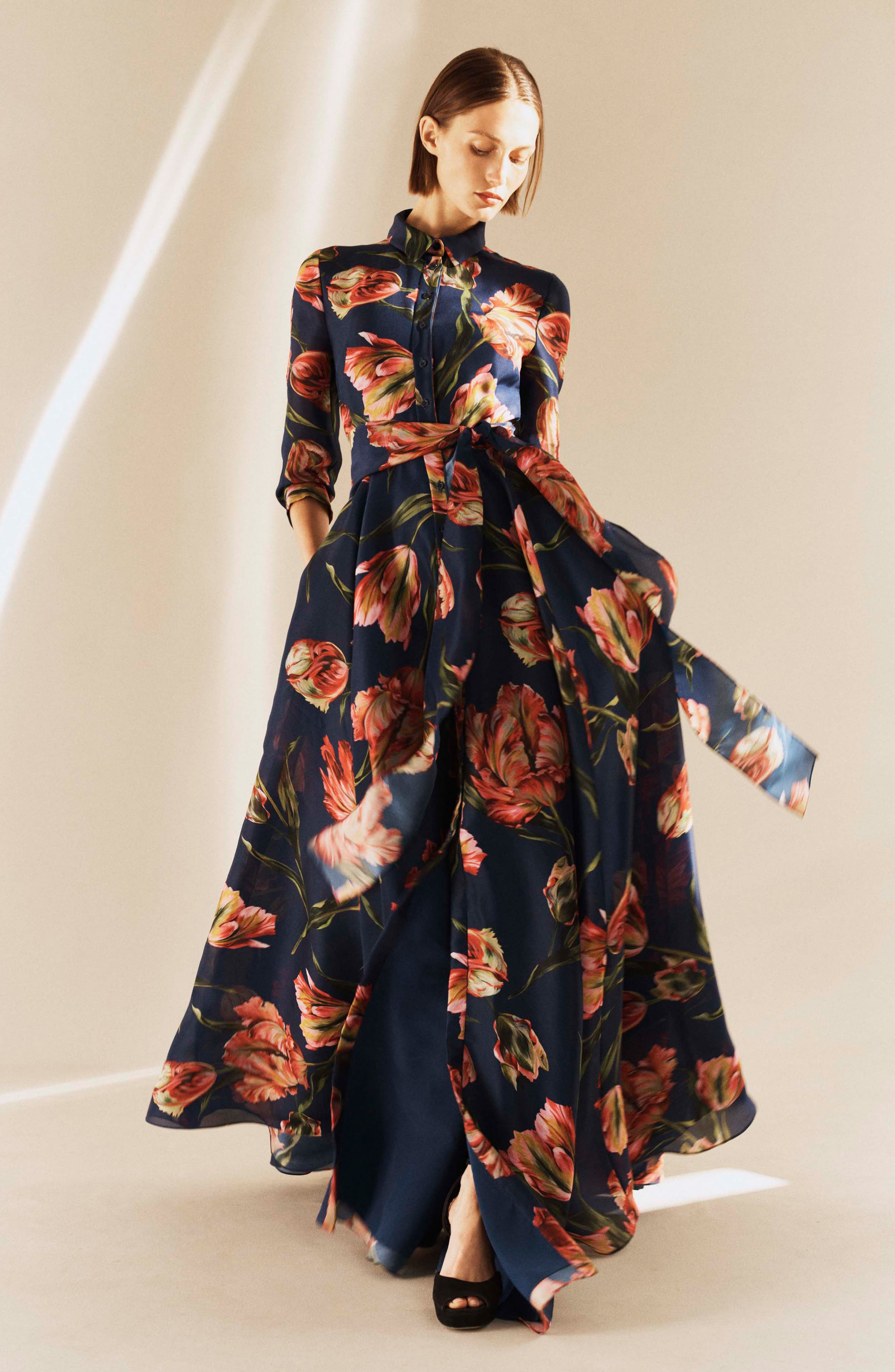 Carolina Herrera Tulip Print Silk Gazar Trench Gown in Dark Navy Multi at Nordstrom - 7