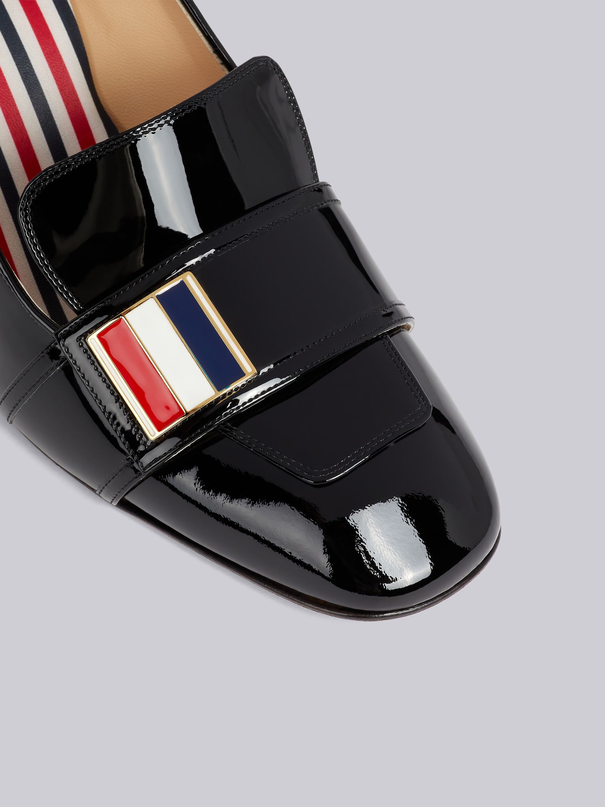 Black Soft Patent Leather Striped Enamel Strap Detail Block Heel Loafer - 2