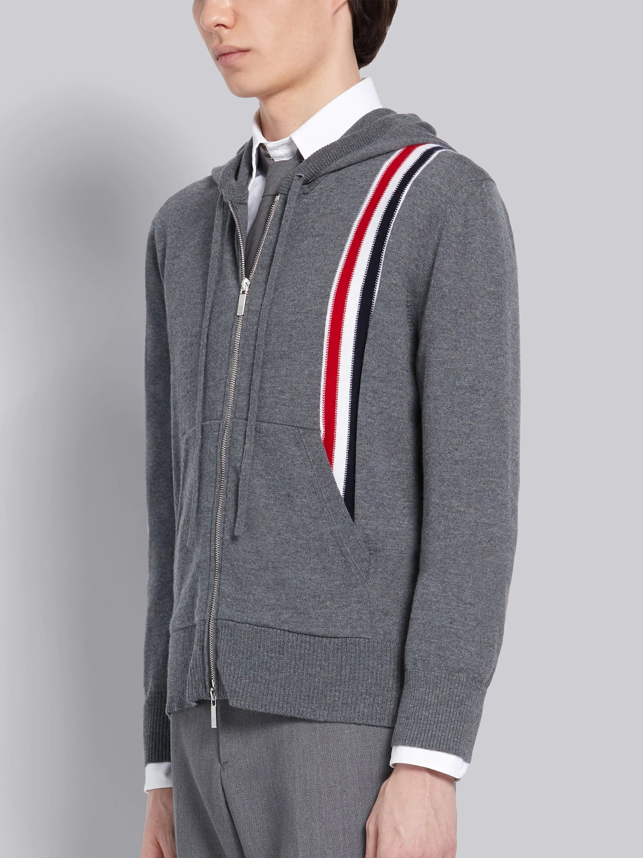 Medium Grey Merino Wool Jersey Tricolor Intarsia Stripe Zip-up Hoodie - 2