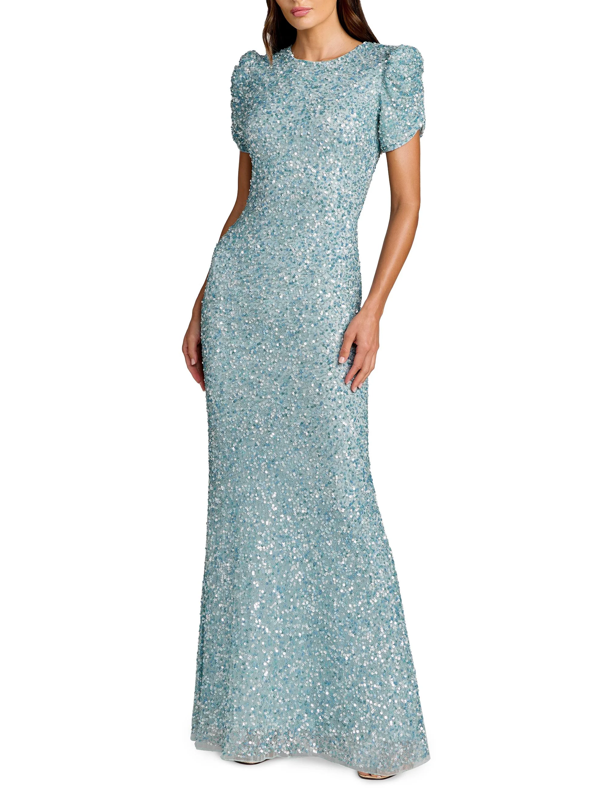 Women's Beaded Short-Sleeve Gown - Powder Blue - 1