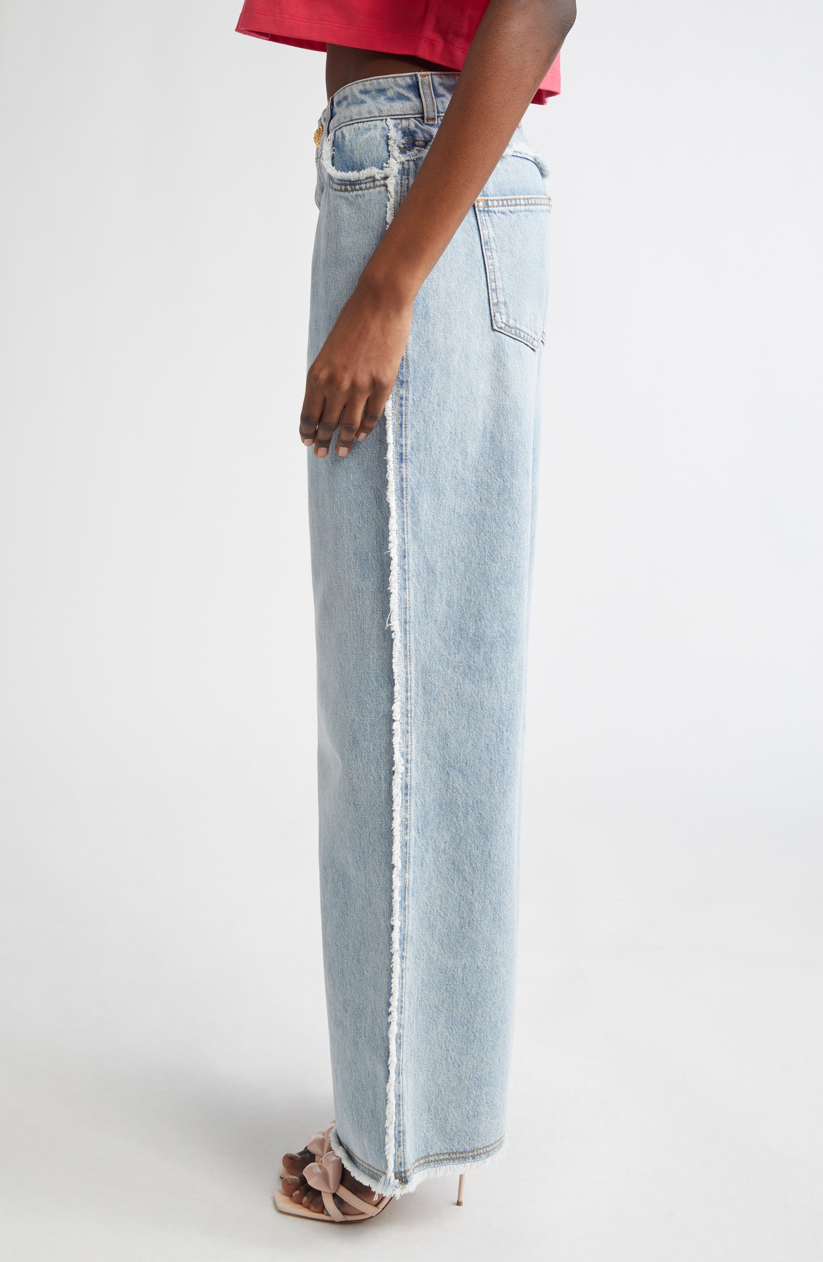 Balmain Raw Hem Straight Leg Jeans in Light Blue at Nordstrom - 4