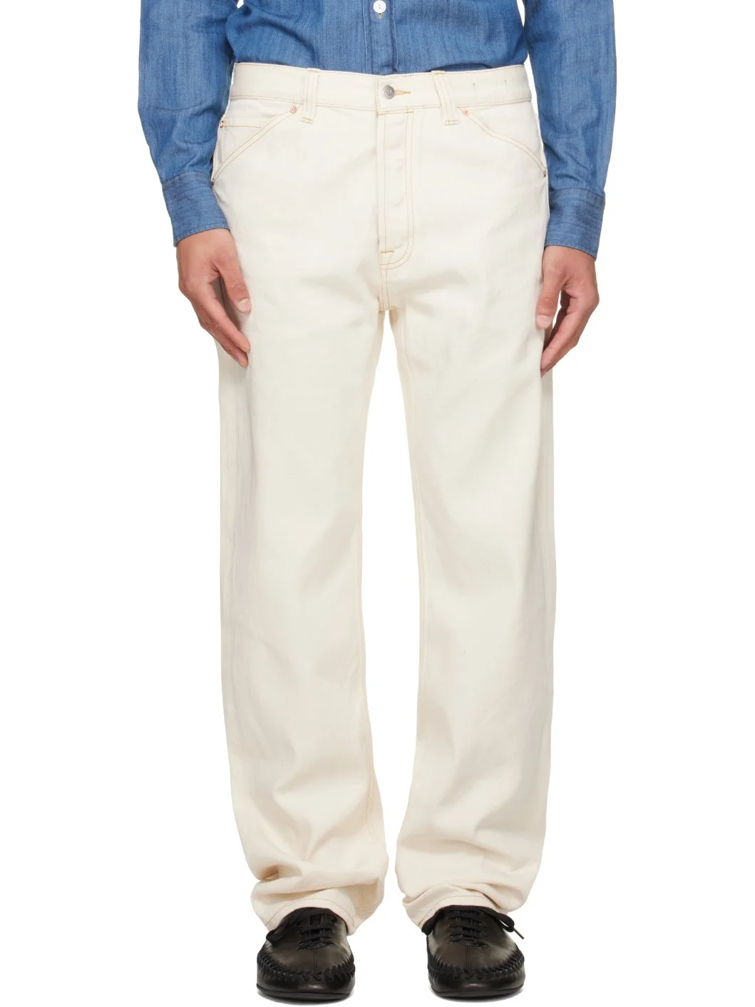 Off-White Contrast Stich Five-Pocket Selvedge Denim Jeans - 1