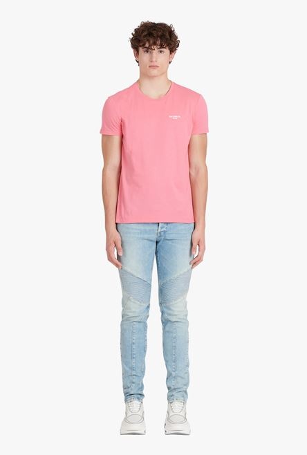 Taupe eco-designed cotton T-shirt with small flocked white Balmain Paris logo - 4