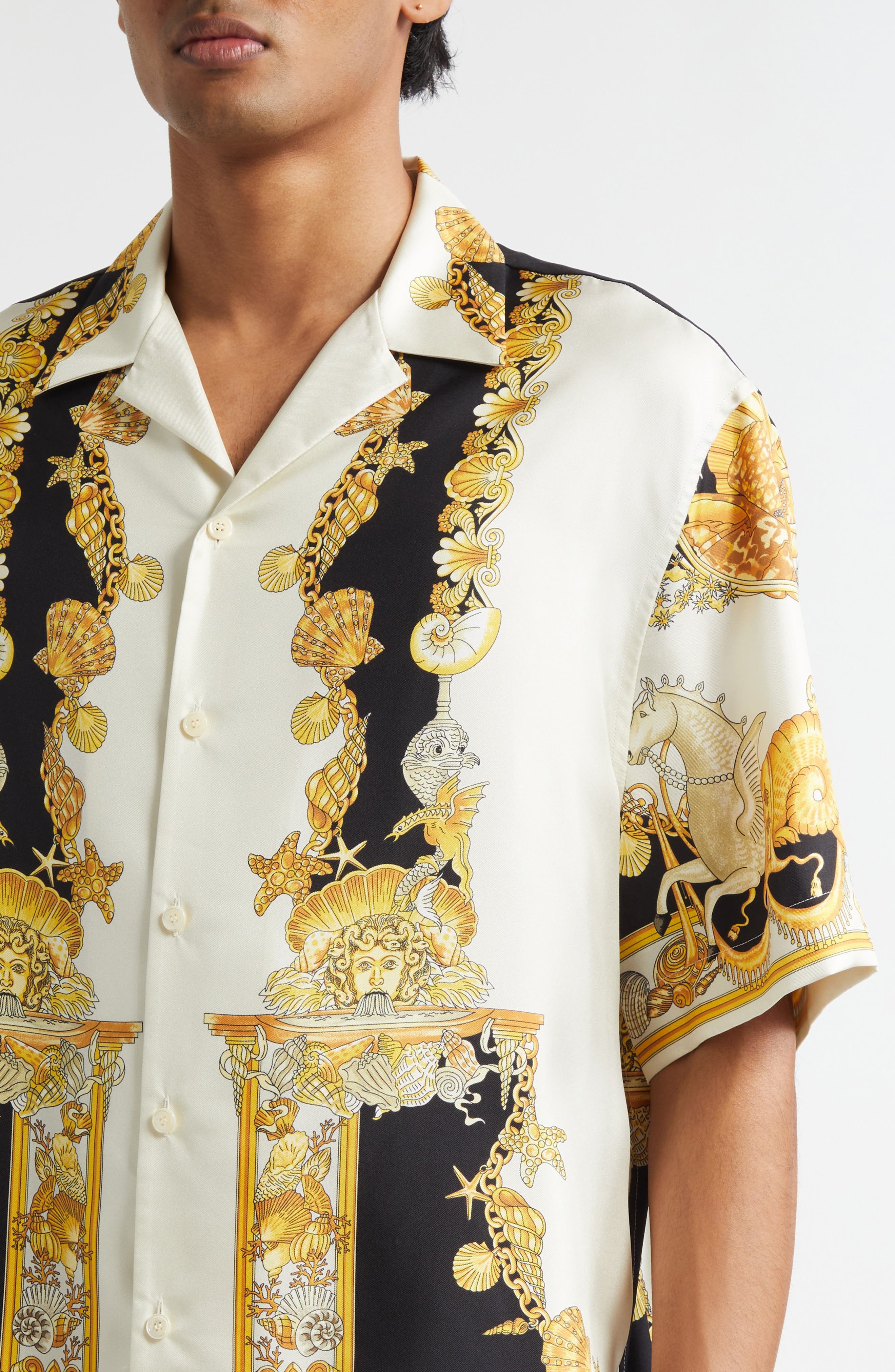 Versace Coral Theater Silk Twill Camp Shirt in Ivory Black Gold at Nordstrom - 5