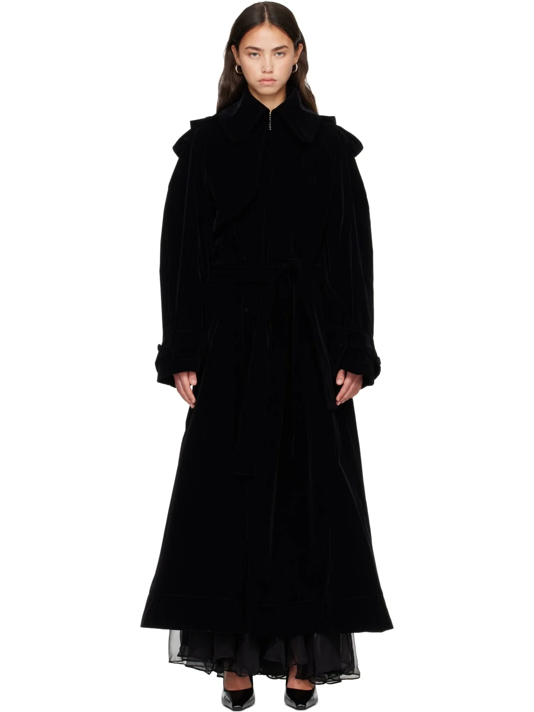 Black Nylon Flock Long Trench Coat - 1