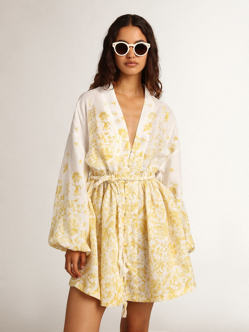 Resort Collection Mini Dress in linen with lemon yellow print 2