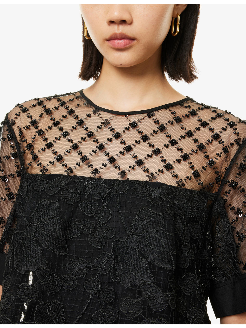 Flounce Short-Sleeve Corded Lace Top - 5