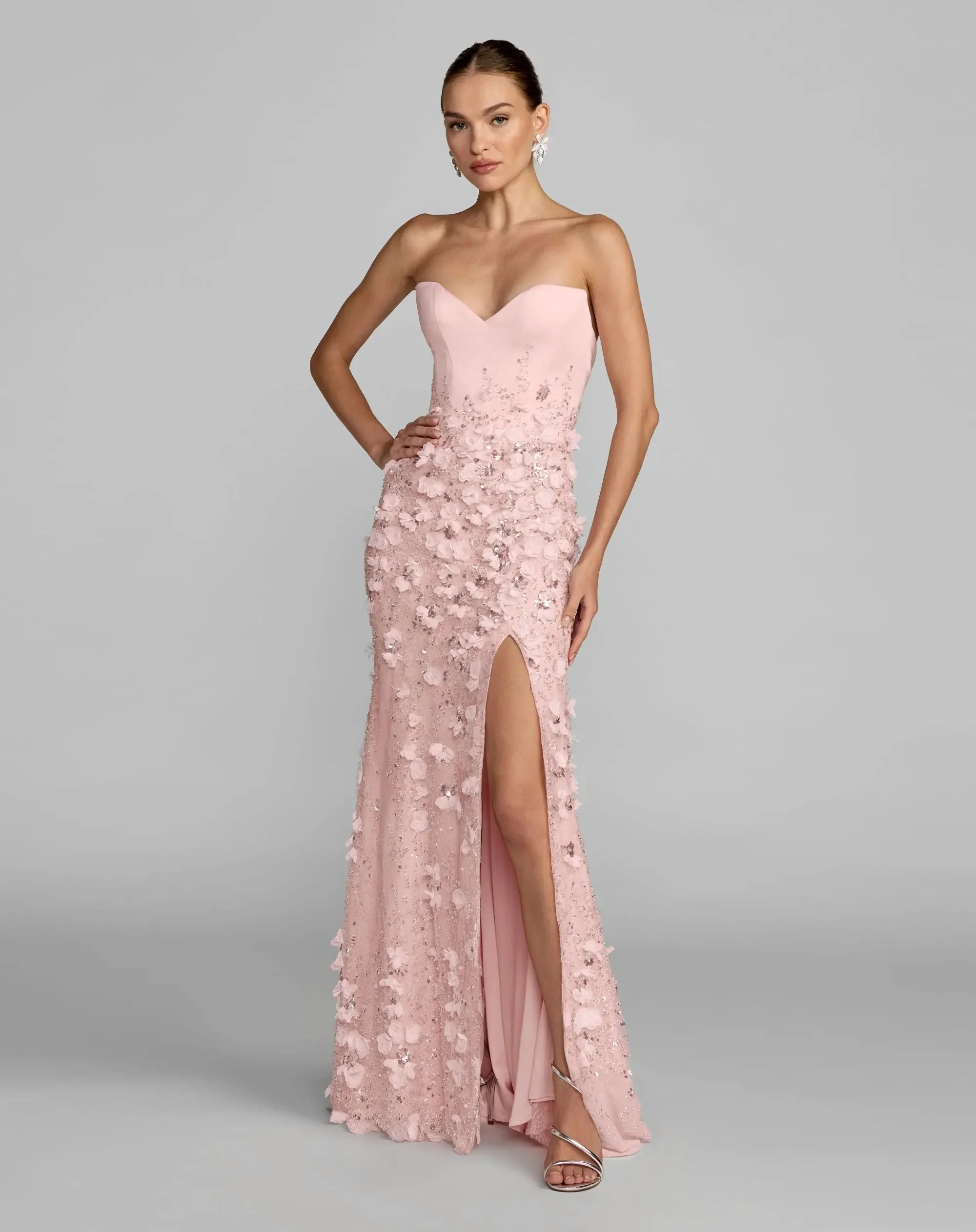 Pink 3D Floral Strapless Sweetheart Gown With Slit - 1