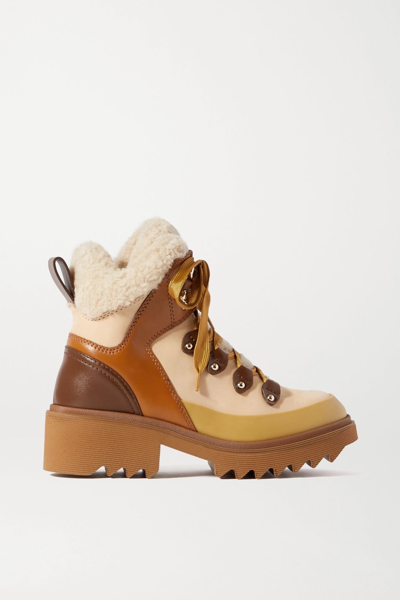 Shearling and rubber-trimmed leather ankle boots - 1