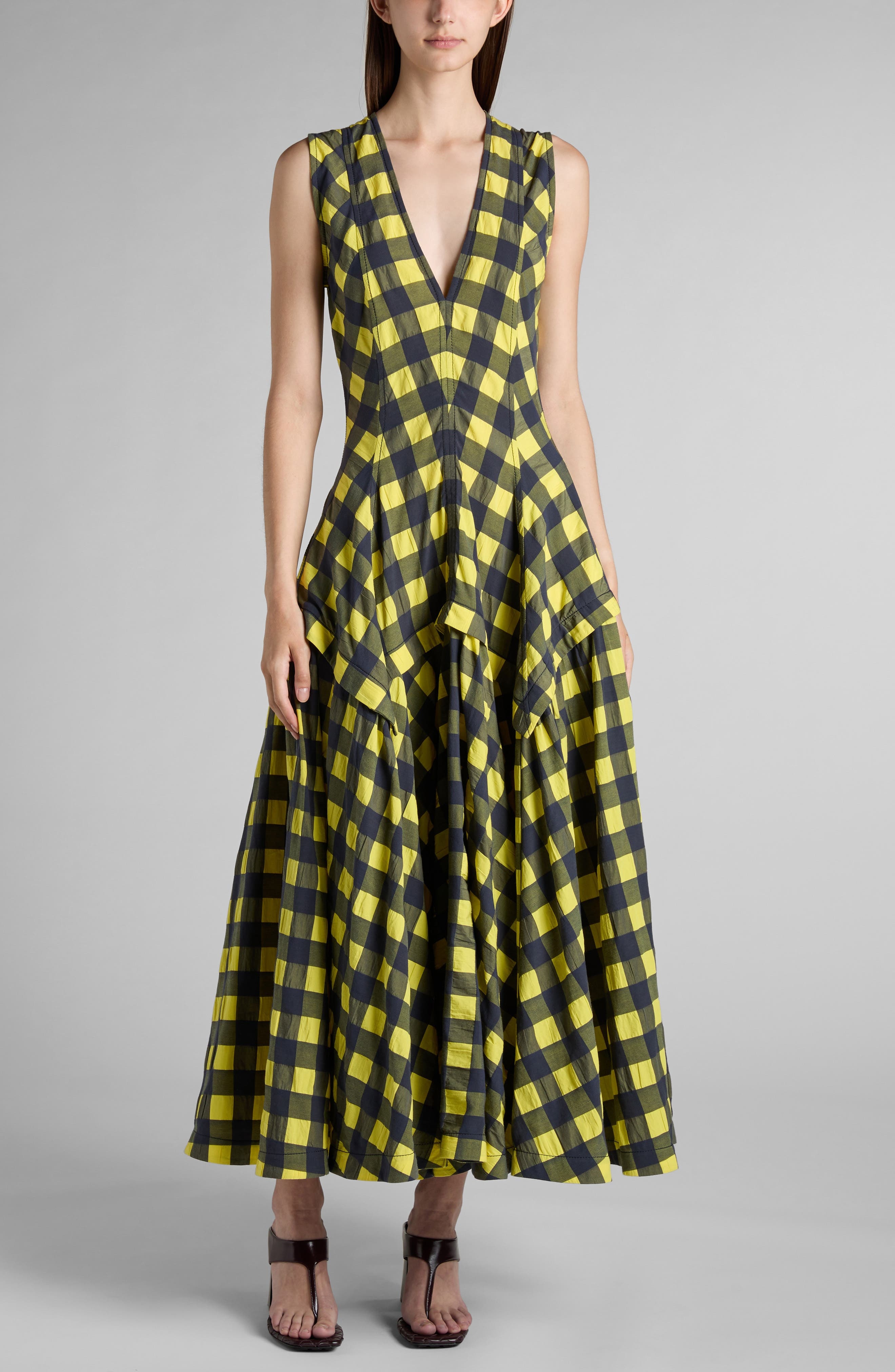 Bottega Veneta Macro Gingham Fit + Flare Dress in 7315 Yellow/Shrub/Wave at Nordstrom - 1